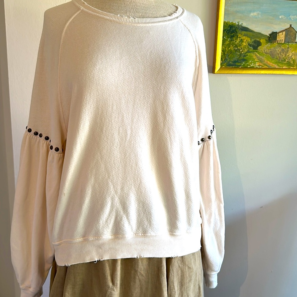 THE GREAT Distressed Sweatshirt with Studded Fancy Sleeves. Cozy 100% Cotton - Picture 6 of 8